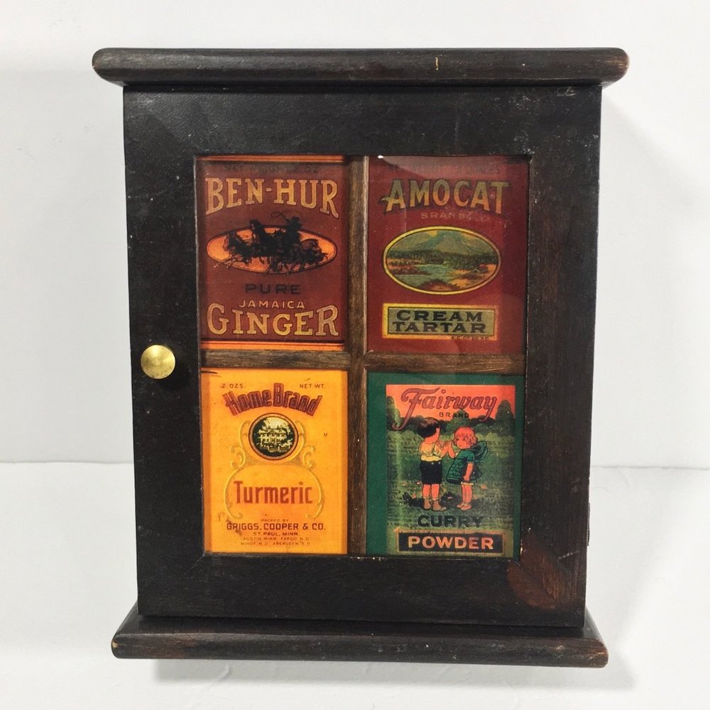 Vintage Wood Hanging Spice Box Cabinet with Glass Door